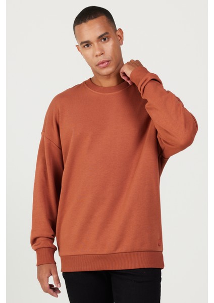 Erkek Açık Kahve Oversize Bol Kesim 3 Iplik Bisiklet Yaka Pamuklu Sweatshirt