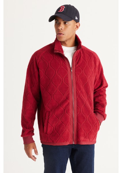 Erkek Bordo Oversize Bol Kesim Dik Yaka Jakarlı Polar Sweatshirt