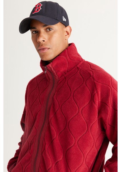 Erkek Bordo Oversize Bol Kesim Dik Yaka Jakarlı Polar Sweatshirt