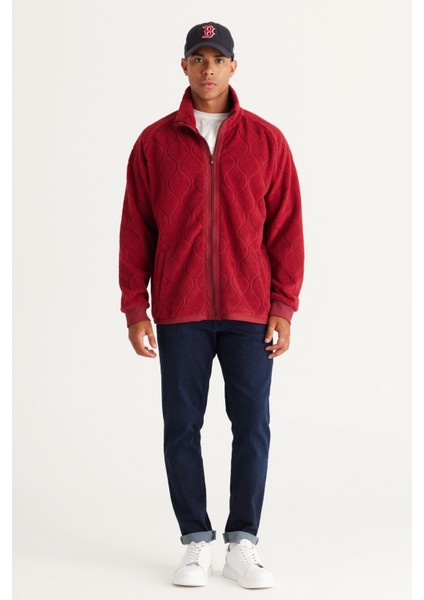 Erkek Bordo Oversize Bol Kesim Dik Yaka Jakarlı Polar Sweatshirt
