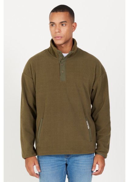 Erkek Haki Loose Fit Dik Bato Yaka Jakarlı Yumuşak Tuşeli Polar Sweatshirt
