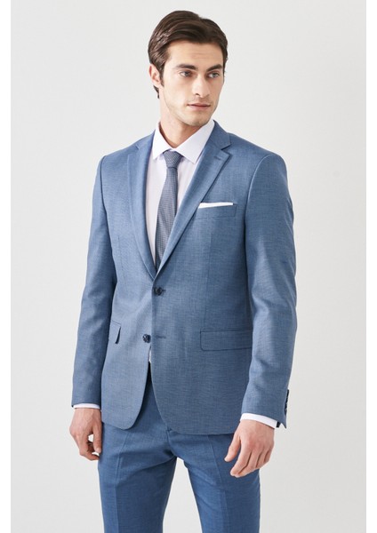 ALTINYILDIZ CLASSICS Erkek Mavi Slim Fit Dar Kesim Mono Yaka Desenli Yünlü Takım Elbise