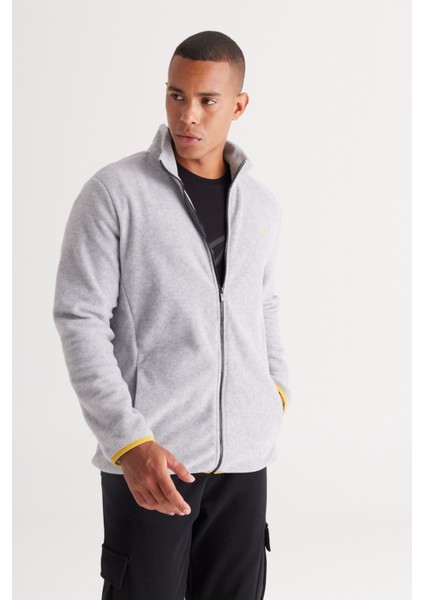 Erkek Gri Melanj Standart Fit Normal Kesim Soğuk Geçirmez Dik Yaka Polar Sweatshirt Ceket