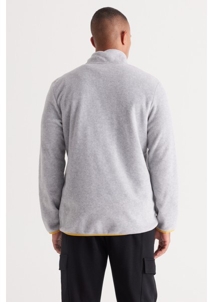 Erkek Gri Melanj Standart Fit Normal Kesim Soğuk Geçirmez Dik Yaka Polar Sweatshirt Ceket