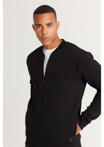 Erkek Siyah Standart Fit Normal Kesim Içi Polarlı 3 Iplik Kolej Yaka Pamuklu Sweatshirt Ceket