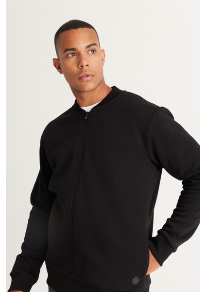 Erkek Siyah Standart Fit Normal Kesim Içi Polarlı 3 Iplik Kolej Yaka Pamuklu Sweatshirt Ceket fiyatları