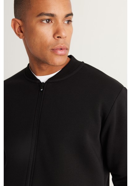 Erkek Siyah Standart Fit Normal Kesim Içi Polarlı 3 Iplik Kolej Yaka Pamuklu Sweatshirt Ceket modelleri