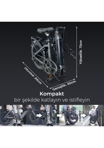 Katlanabilir Elektrikli Bisiklet B13 | Pedelec Gri | Güçlü 36V 14.0AH 45NM |Samsung Batarya | 20"
