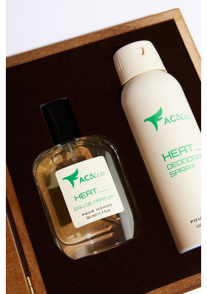 Erkek 2'li Özel Ahşap Hediye Kutulu Set Heat EDP Parfüm 50 Ml - Heat Deodorant 100 Ml Damat Bohçası