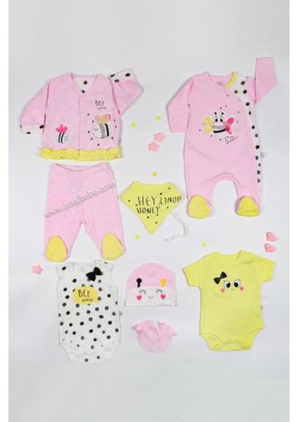 Pembe Bee Mine Yazı Baskılı 8'li Bebek Hastane Çıkışı Seti 16917