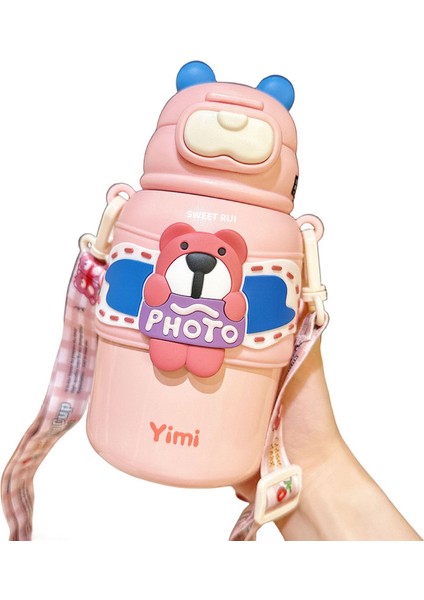 Sweet Ruı Ayı 460ML Paslanmaz Çelik Termos Kapaklı Bardak ve Pipetli Öğrenci Taşınabilir Crossbody Termos Bardak (Yurt Dışından)