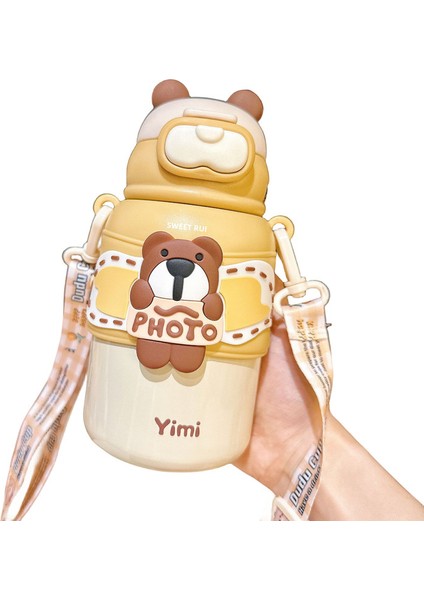 Sweet Ruı Ayı 460ML Paslanmaz Çelik Termos Kapaklı Bardak ve Pipetli Öğrenci Taşınabilir Crossbody Termos Bardak (Yurt Dışından)
