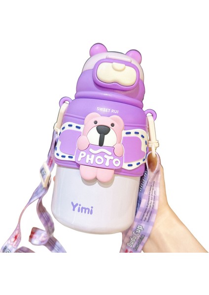 Sweet Ruı Ayı 460ML Paslanmaz Çelik Termos Kapaklı Bardak ve Pipetli Öğrenci Taşınabilir Crossbody Termos Bardak (Yurt Dışından)