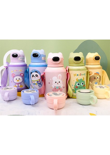 Sweet Ruı 500ML Çift Kapaklı ve Pipetli Karikatür Paslanmaz Çelik Termos Bardak (Yurt Dışından)