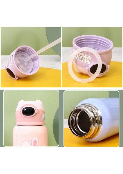 Sweet Ruı 500ML Çift Kapaklı ve Pipetli Karikatür Paslanmaz Çelik Termos Bardak (Yurt Dışından)