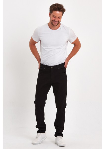 Erkek Regular Fit Yüksek Bel Klasik Kesim Rahat Moda Kot Pantolon Siyah
