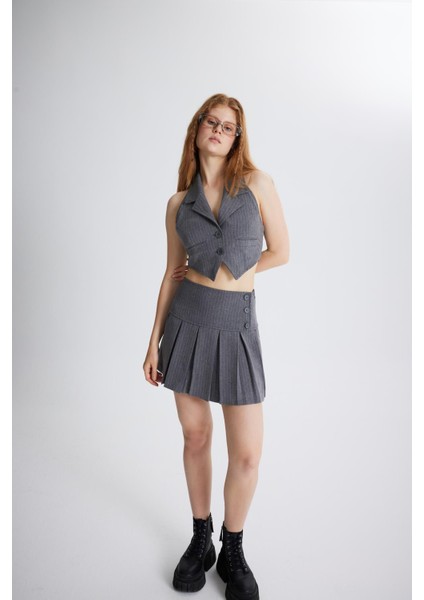 Düğme Detaylı Pileli Mini Kira Etek Gri modelleri