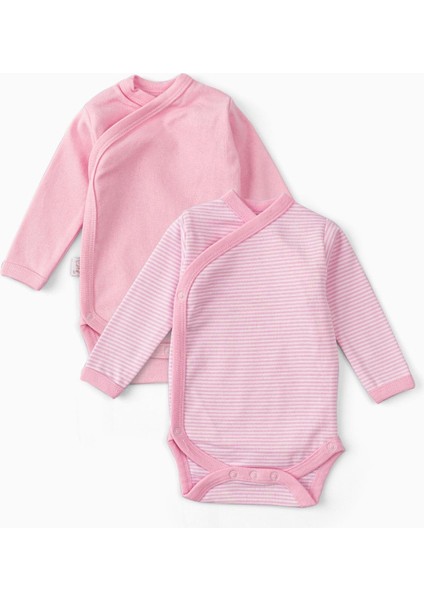 2'li %100 Pamuk Uzun Kollu Kruvaze Bebek Çıtçıtlı Body Zıbın Pembe