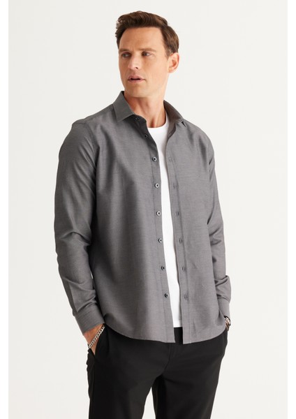 ALTINYILDIZ CLASSICS Erkek Siyah Slim Fit Dar Kesim Klasik Yaka Armürlü Pamuklu Gömlek