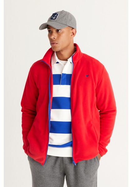 Erkek Kırmızı Standart Fit Normal Kesim Soğuk Geçirmez Dik Yaka Polar Sweatshirt Ceket