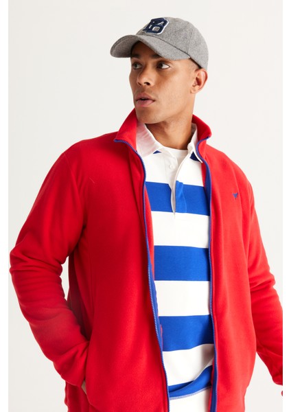 Erkek Kırmızı Standart Fit Normal Kesim Soğuk Geçirmez Dik Yaka Polar Sweatshirt Ceket