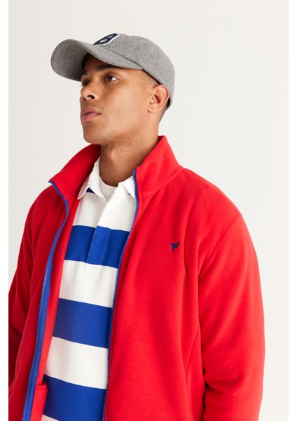Erkek Kırmızı Standart Fit Normal Kesim Soğuk Geçirmez Dik Yaka Polar Sweatshirt Ceket