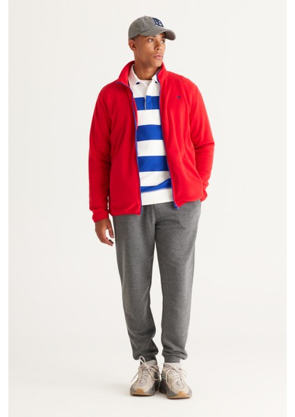 Erkek Kırmızı Standart Fit Normal Kesim Soğuk Geçirmez Dik Yaka Polar Sweatshirt Ceket
