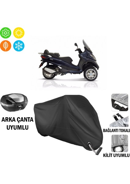Piaggio Mp3 300 Motosiklet Brandası Arka Çanta, Tokalı ve Kilit Uyumlu Siyah