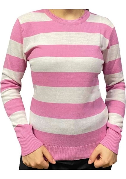 Kadın Çizgi Desenli Kazak Pembe Beyaz