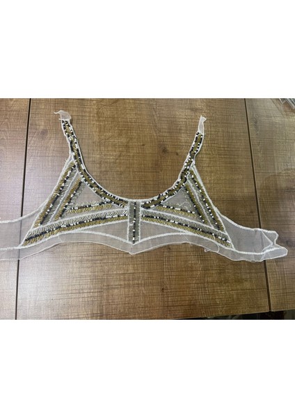 8X26 cm Boncuk Işleme Beyaz Güpür Tül Yaka Aplike Arma Yama Dikiş