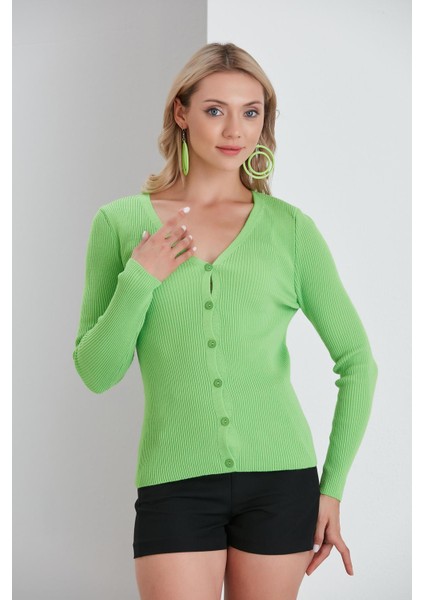 Ince Fitilli V Yaka Düğmeli Hırka 8015 - Yağ Yeşili