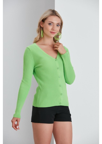 Ince Fitilli V Yaka Düğmeli Hırka 8015 - Yağ Yeşili fiyatları