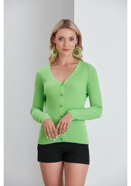 Ince Fitilli V Yaka Düğmeli Hırka 8015 - Yağ Yeşili modelleri