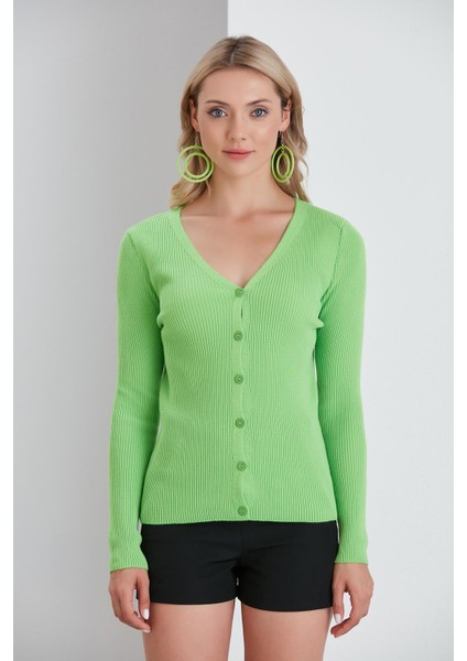 Ince Fitilli V Yaka Düğmeli Hırka 8015 - Yağ Yeşili fırsatları