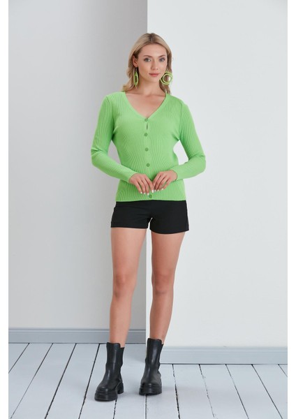 Ince Fitilli V Yaka Düğmeli Hırka 8015 - Yağ Yeşili indirimleri