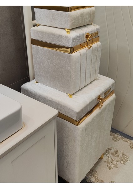 3 Parça Kare Krem Renk Altın Şeritli Lüks Kadife Banyo Kirli Çamaşır Sepeti