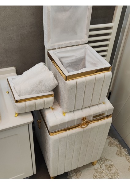 3 Parça Kare Krem Renk Altın Şeritli Lüks Kadife Banyo Kirli Çamaşır Sepeti modelleri
