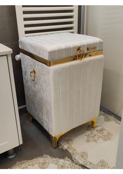 Kare Tip Krem Renk Altın Şeritli Lüks Kadife Banyo Kirli Çamaşır Sepeti