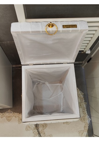 Kare Tip Krem Renk Altın Şeritli Lüks Kadife Banyo Kirli Çamaşır Sepeti fiyatları
