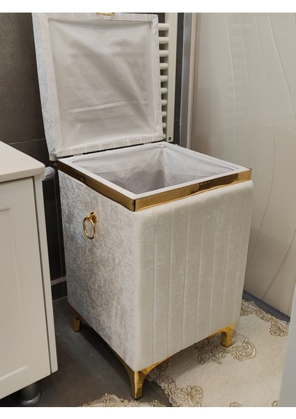 Kare Tip Krem Renk Altın Şeritli Lüks Kadife Banyo Kirli Çamaşır Sepeti modelleri