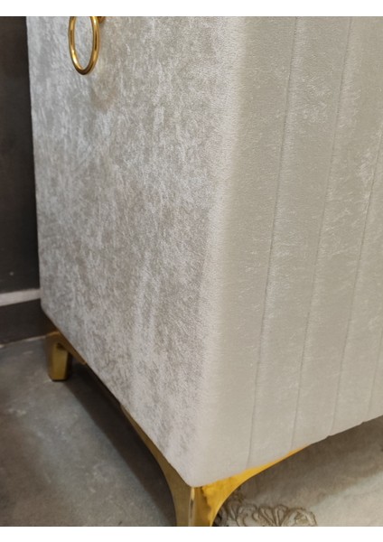 Kare Tip Krem Renk Altın Şeritli Lüks Kadife Banyo Kirli Çamaşır Sepeti fırsatları