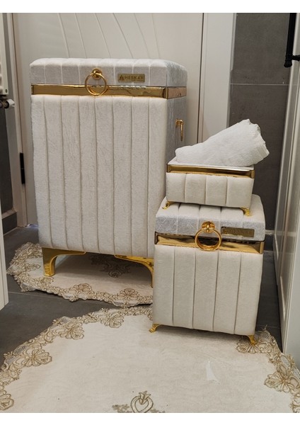 Kare Tip Krem Renk Altın Şeritli Lüks Kadife Banyo Kirli Çamaşır Sepeti indirimleri