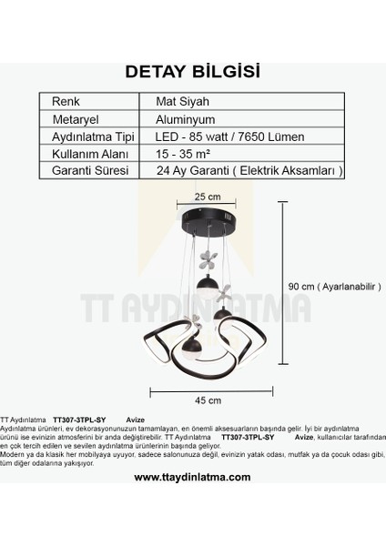 TT307-3TPL-SY Tt Aydınlatma Helezon Modeli Mat Siyah 3 Toplu 3 Renk Modüllü Ledli Avize