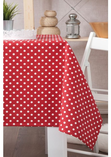 Puantiyeli Sıvı Geçirmez Keten Masa Örtüsü Kırmızı