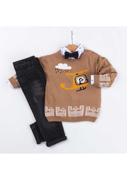 Pampal Erkek Bebek Kahverengi Triko Kazak 3'lü Takım fiyatları
