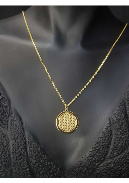 Sri Yantra V Yaşam Çiçeği Sarı Renk 925 Ayar Gümüş Çift Yönlü Kazıma Kolye modelleri