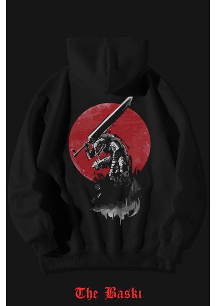 The Baski Unisex Siyah Berserk Baskılı Kanguru Cepli Sweatshirt