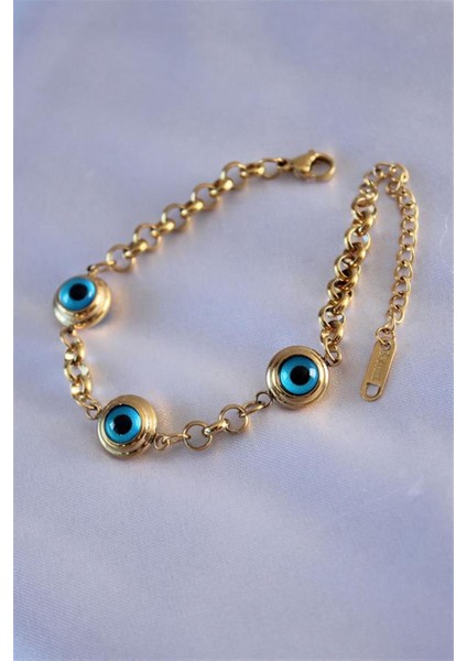 Erb 316L Çelik 3 Göz Nazar Model Gold Renk Kadın Bileklik