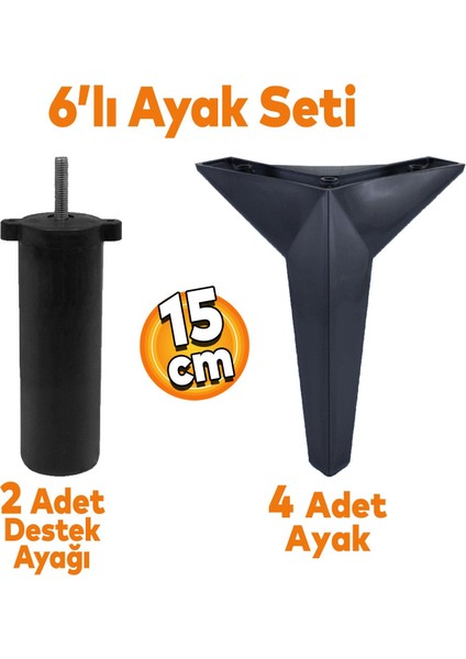 Kale 6'lı Set Mobilya Tv Ünitesi Koltuk Kanepe Destek Ayağı 15 Cm Siyah Baza Ayakları M8 Civatalı