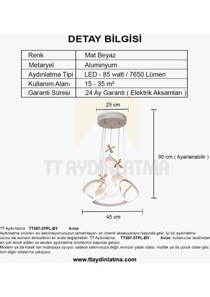 TT307-3TPL-BY Tt Aydınlatma Helezon Modeli Mat Beyaz 3 Toplu 3 Renk Modüllü Ledli Avize